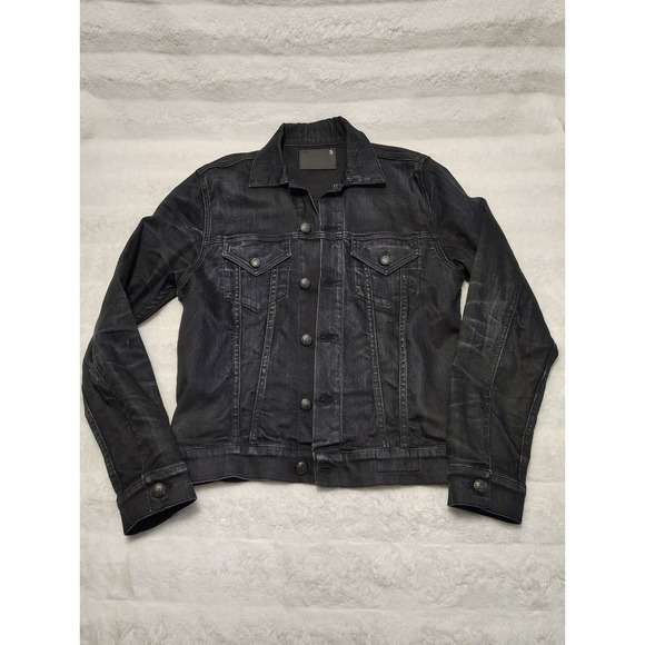 R13 Distressed Denim Jean Trucker Designer Jacket Black Made In Italy Men's Sz S - Picture 1 of 12